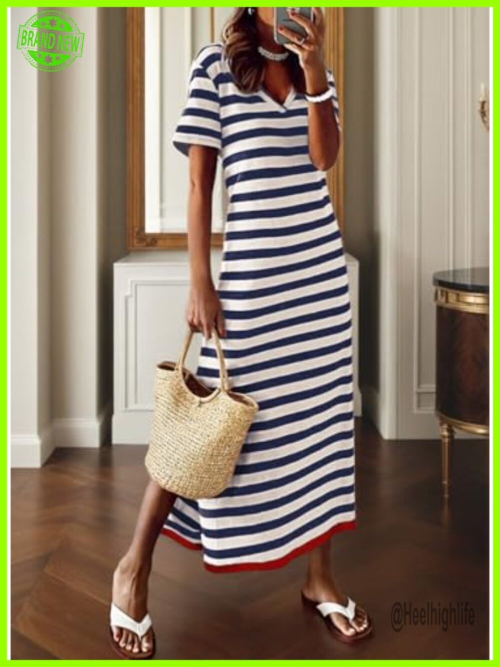 Short Sleeve Maxi Dress Striped Split Vacation Color Block T Shirt Dress - Picture 3 of 7